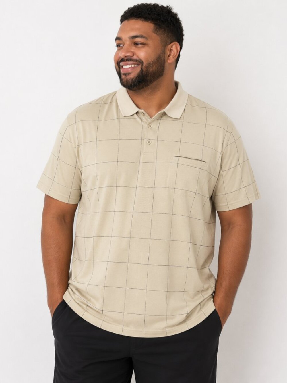 Arnold Palmer Polo Shirt Men's XL Beige Windowpane Short Sleeve Golf Casual Pock